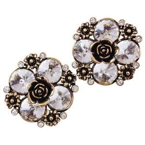 Signed A&B Rivoli Rhinestone Rose Clip On Earrings Gold Tone Floral Y2K Jewelry